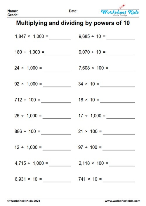Worksheet featuring multiplication and division by powers of 10, suitable for fifth graders. Educational resource for assessing students' skills with decimals and exponents.
