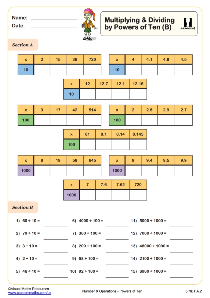 Worksheet for fifth graders on multiplication and division using powers of 10, featuring decimals and exponents. Educational resource for assessing students' math skills in powers of 10.