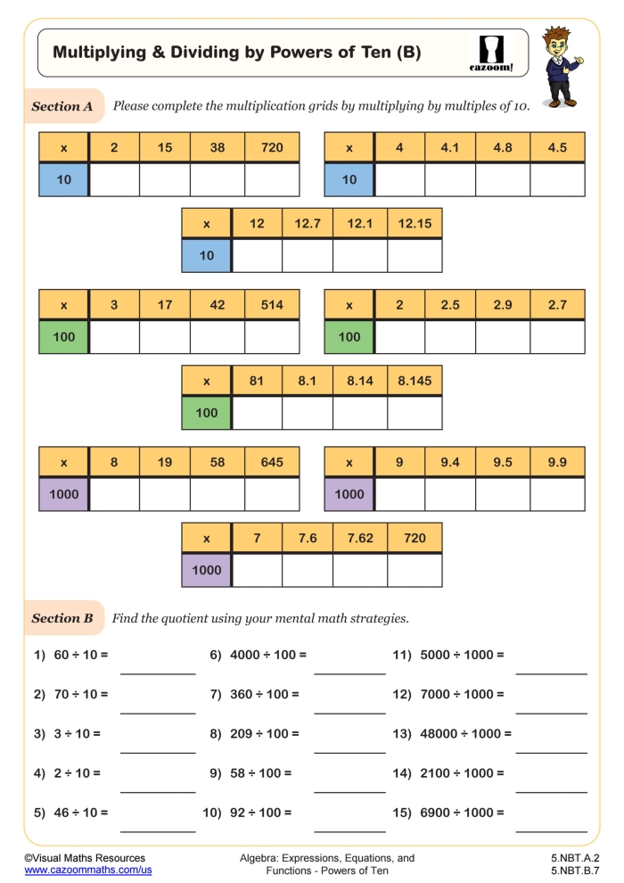 Multiplying by the Power of 10 Practice Worksheet Number 3 Fifth grade math worksheet focused on multiplying whole numbers and decimals by powers of 10