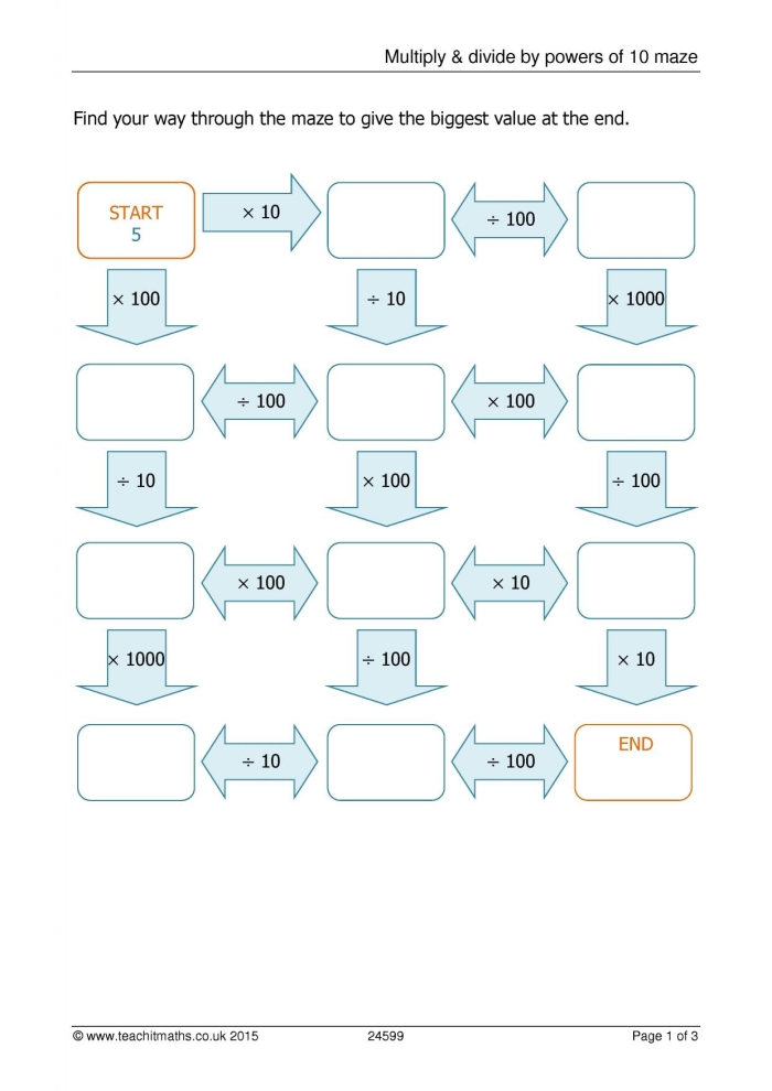 Fifth grade math worksheet featuring multiplication and division problems involving powers of 10 and decimals