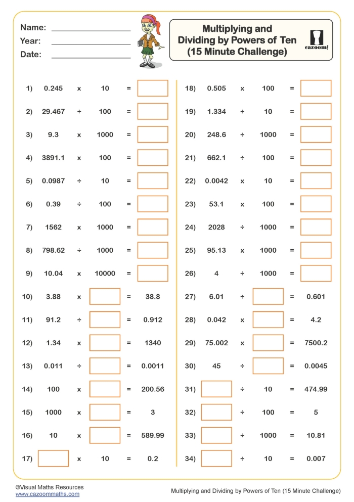Worksheet for practicing multiplication and division with powers of 10, featuring decimals and exponents. Multiply & Divide with Powers of 10 worksheet for fifth-grade students.