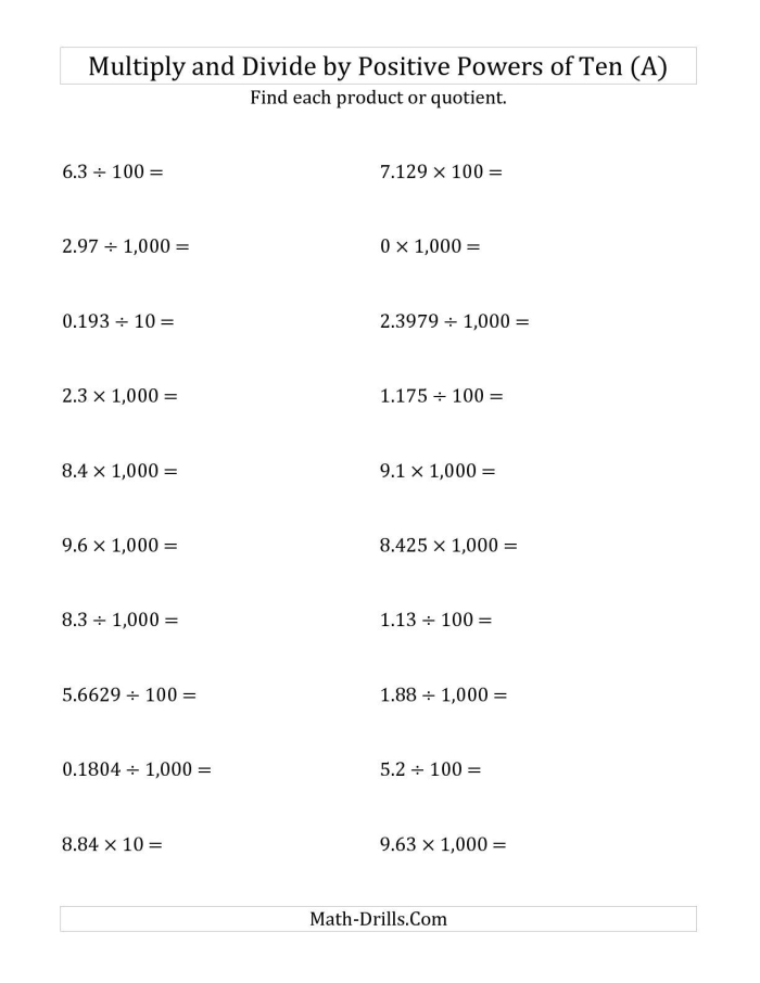 Fifth grade math worksheet featuring multiplication and division problems using powers of 10 and decimals