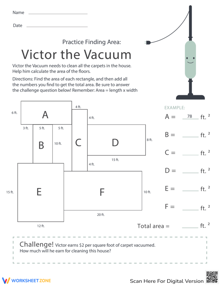 Geometry practice for fourth graders featuring the area calculation worksheet Worksheet illustrating Victor the Vacuum helping students calculate room areas in a floor plan