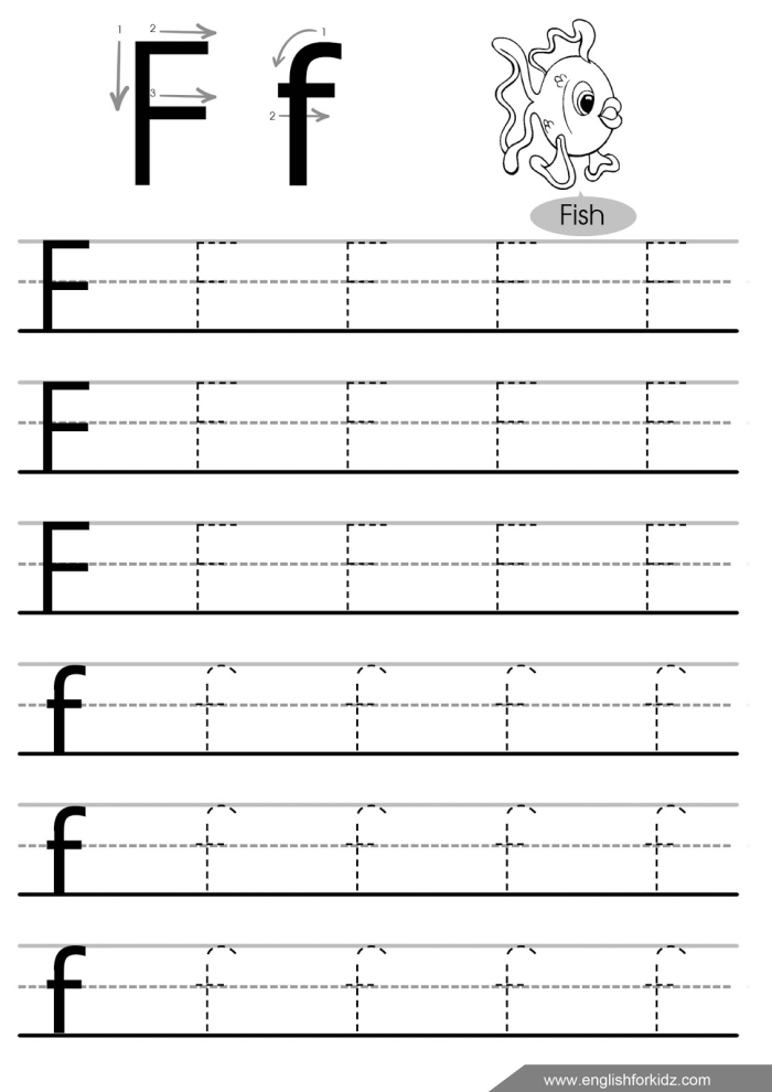 Reading worksheet for Pre-K Tracing worksheet for Pre-K kids to practice writing the letter F and enhance fine motor skills. Worksheet for tracing the letter F designed for preschoolers to improve writing abilities.