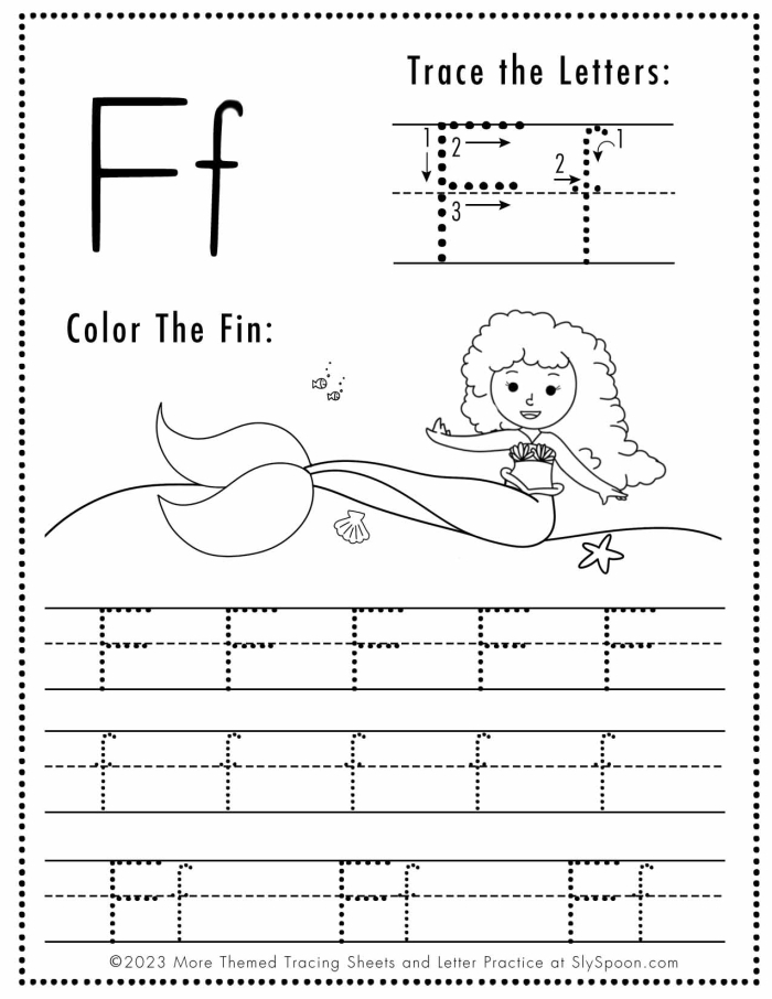 Worksheet image illustrating tracing activities for the letter F in early childhood education Practice Tracing the Letter F worksheet for Pre-K students focusing on fine motor skills