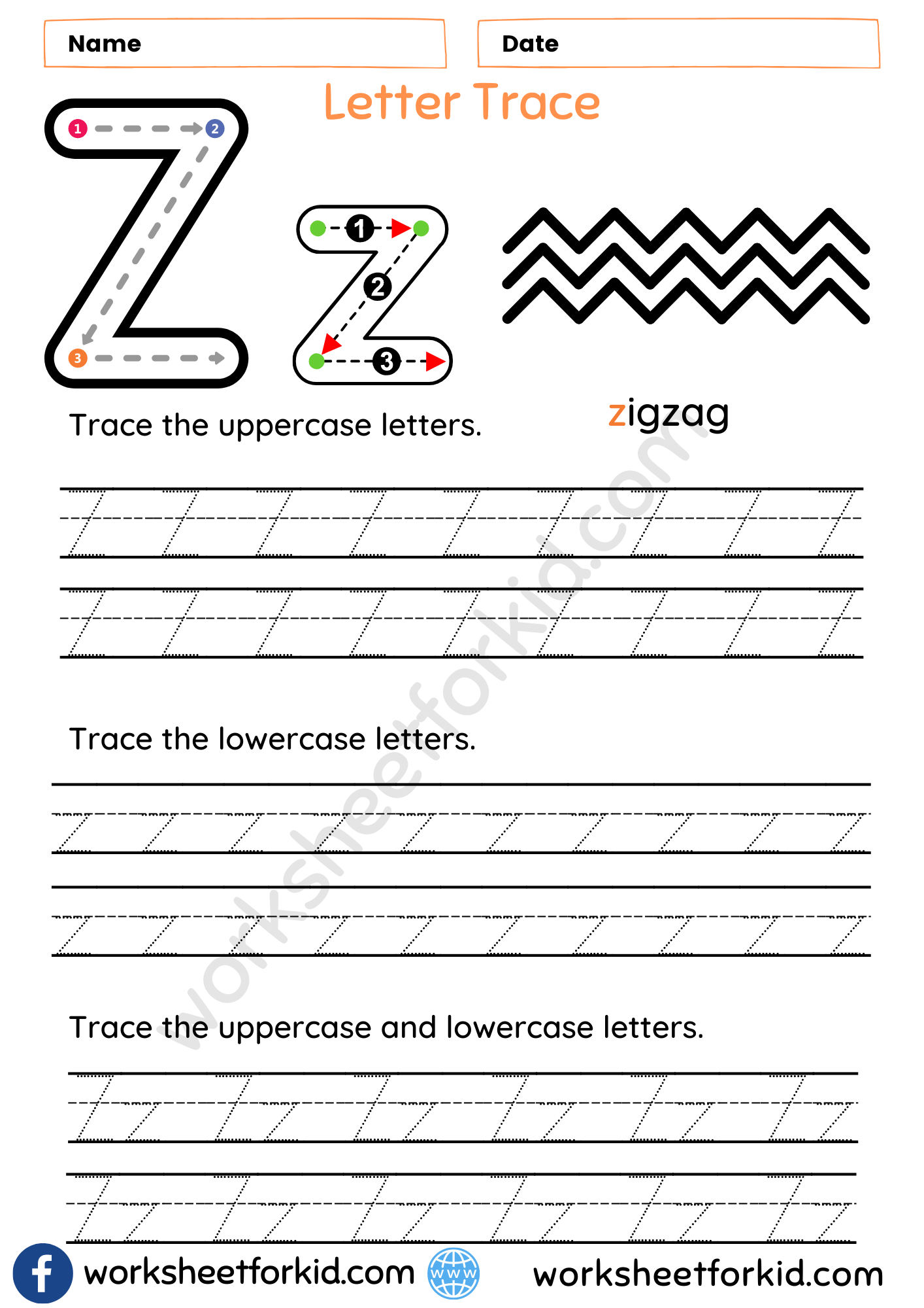 Practice Tracing the Letter Z worksheet for pre-K children focusing on fine motor skills