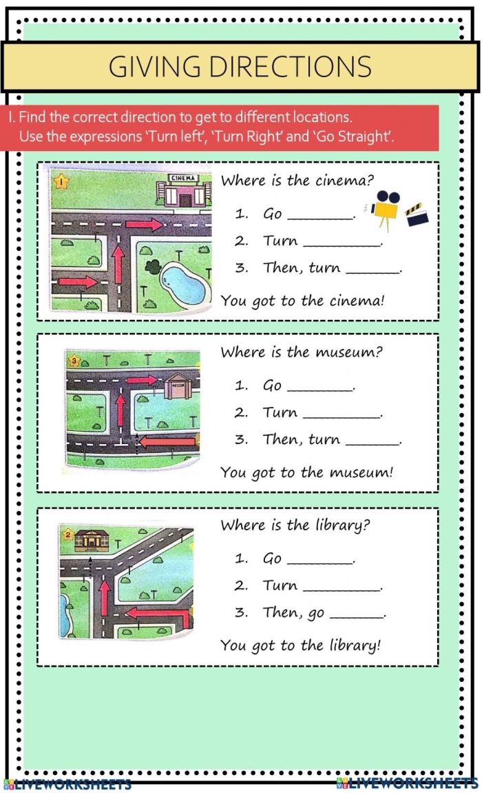 Engaging second-grade geometry worksheet for giving step-by-step directions Students working on the Practice Giving Directions worksheet to guide Joyce to the fair