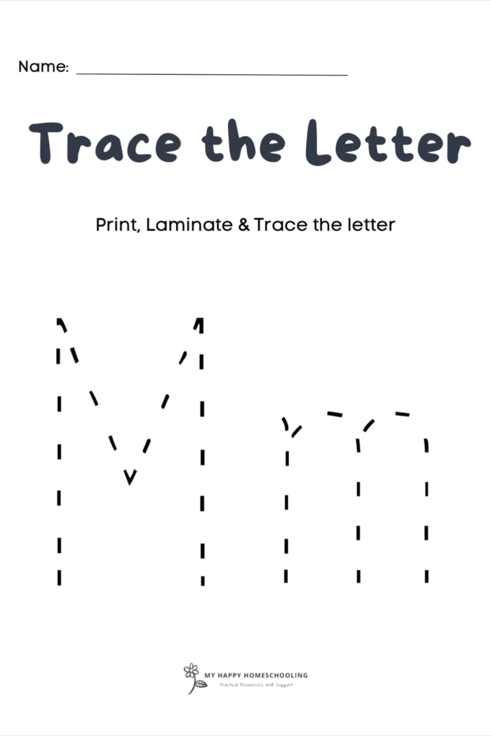 Worksheet image for tracing the letter M designed for preschool students Practice Tracing the Letter M worksheet for Pre-K kids focusing on fine motor skills