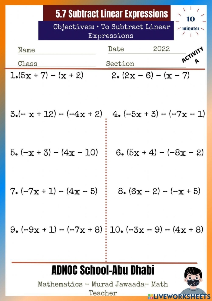 Worksheet featuring practice problems for subtracting linear expressions in integers and rational numbers Practice worksheet for subtracting linear expressions aimed at seventh-grade students