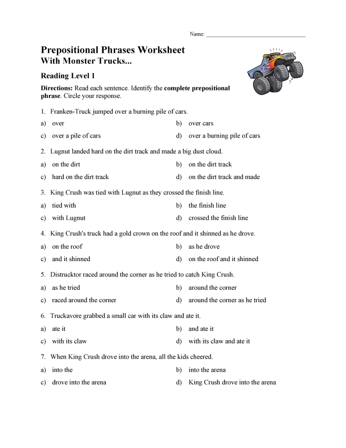 Worksheet for practicing prepositional phrases with fourth graders, including examples and exercises. Educational resource titled "Practice with Prepositional Phrases for Grade 4.