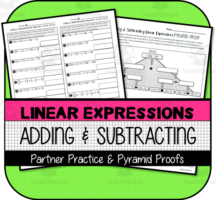 Practice Subtracting Linear Expressions worksheet for students to enhance their skills Worksheet showcasing subtraction of linear expressions for seventh graders