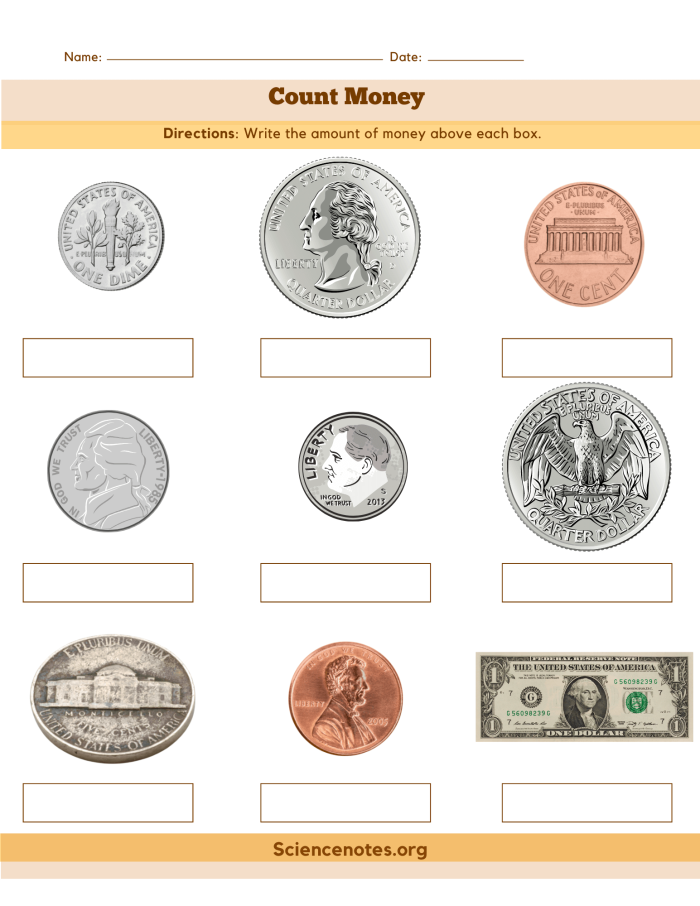 Practice test worksheet focused on money math skills for second graders