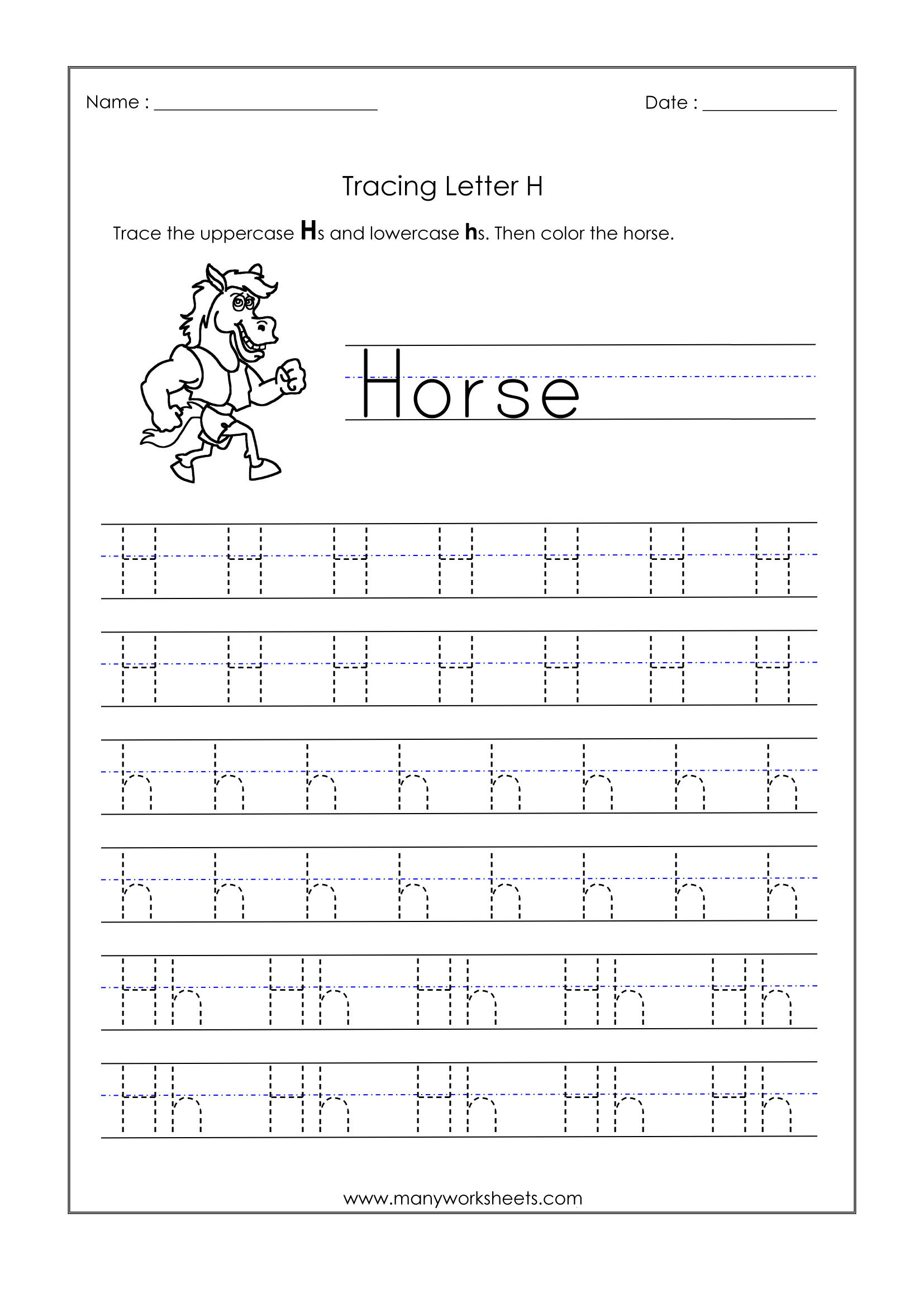 Worksheet image for tracing the letter H designed for early writing practice Practice Tracing the Letter H worksheet for Pre-K children focusing on fine motor skills