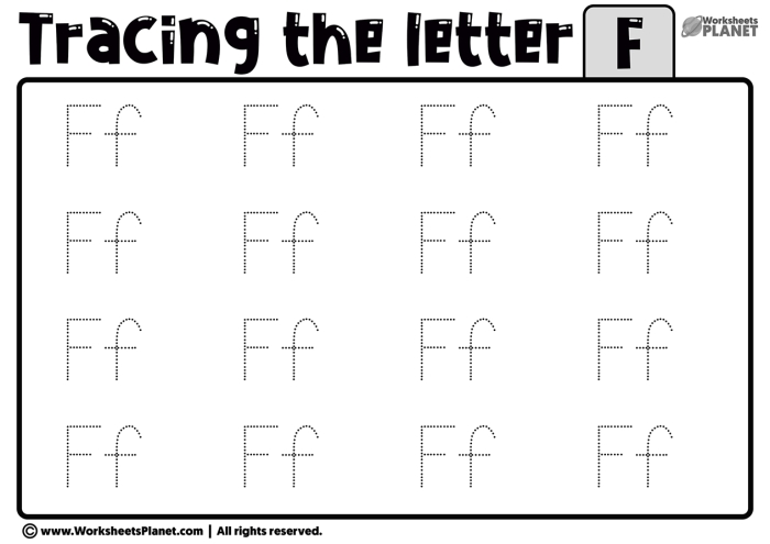 Reading worksheet for Pre-K Practice Tracing the Letter F worksheet designed for Pre-K children to enhance fine motor skills. Tracing activity for letter F to support early writing development in young learners.