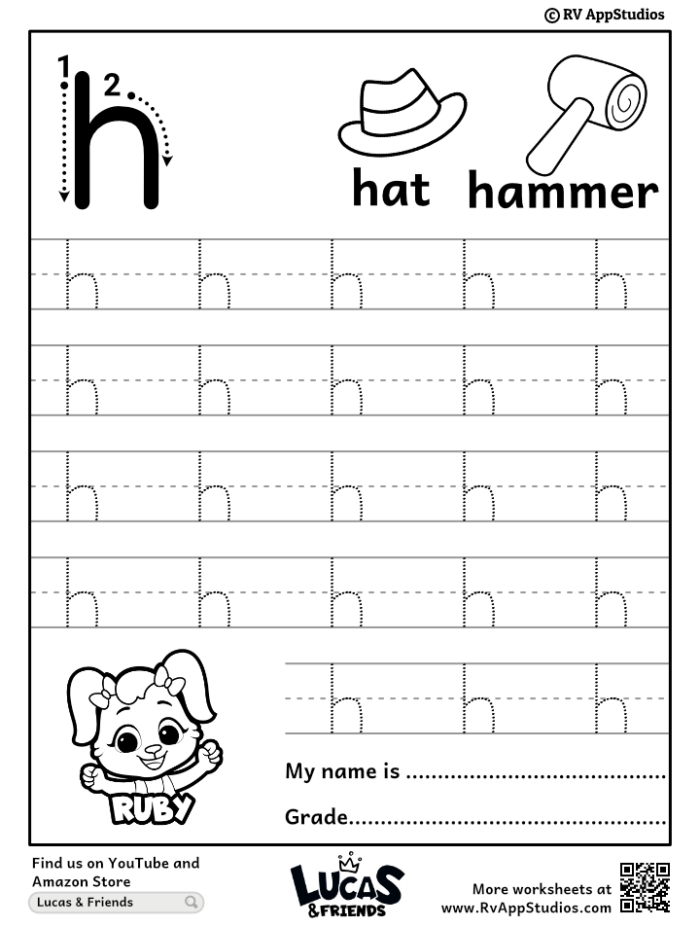 Worksheet image showing kids tracing lines and the letter H for early writing development Practice Tracing the Letter H worksheet designed for Pre-K children to improve fine motor skills