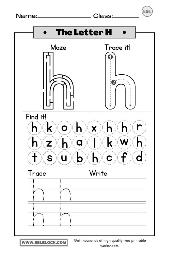 Writing worksheet for Pre-K Worksheet for tracing the letter H, designed for pre-kindergarten students to enhance fine motor skills. Practice Tracing the Letter H worksheet for early writing development in preschoolers.