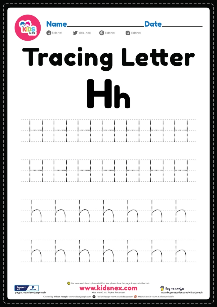 Practice Tracing the Letter H worksheet designed for early learners Worksheet for practicing tracing the letter H for Pre-K students to enhance fine motor skills