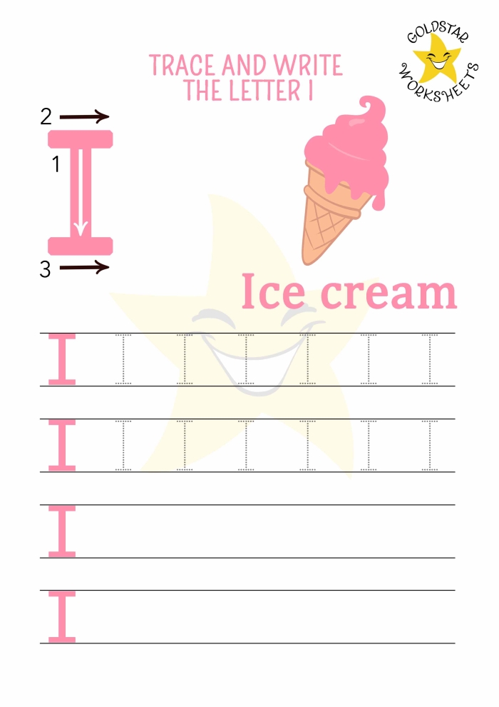 Worksheet image for tracing the letter I in a Pre-K geography lesson Practice Tracing the Letter I worksheet for preschool children focusing on fine motor skills
