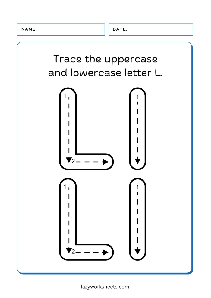 Worksheet for practicing tracing the letter L, designed for pre-K students to enhance fine motor skills. Practice Tracing the Letter L worksheet for early vocabulary development in preschool.