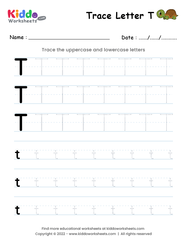 Worksheet for practicing letter T tracing in pre-K writing activities Kids practicing tracing the letter T on a prekindergarten worksheet to develop fine motor skills