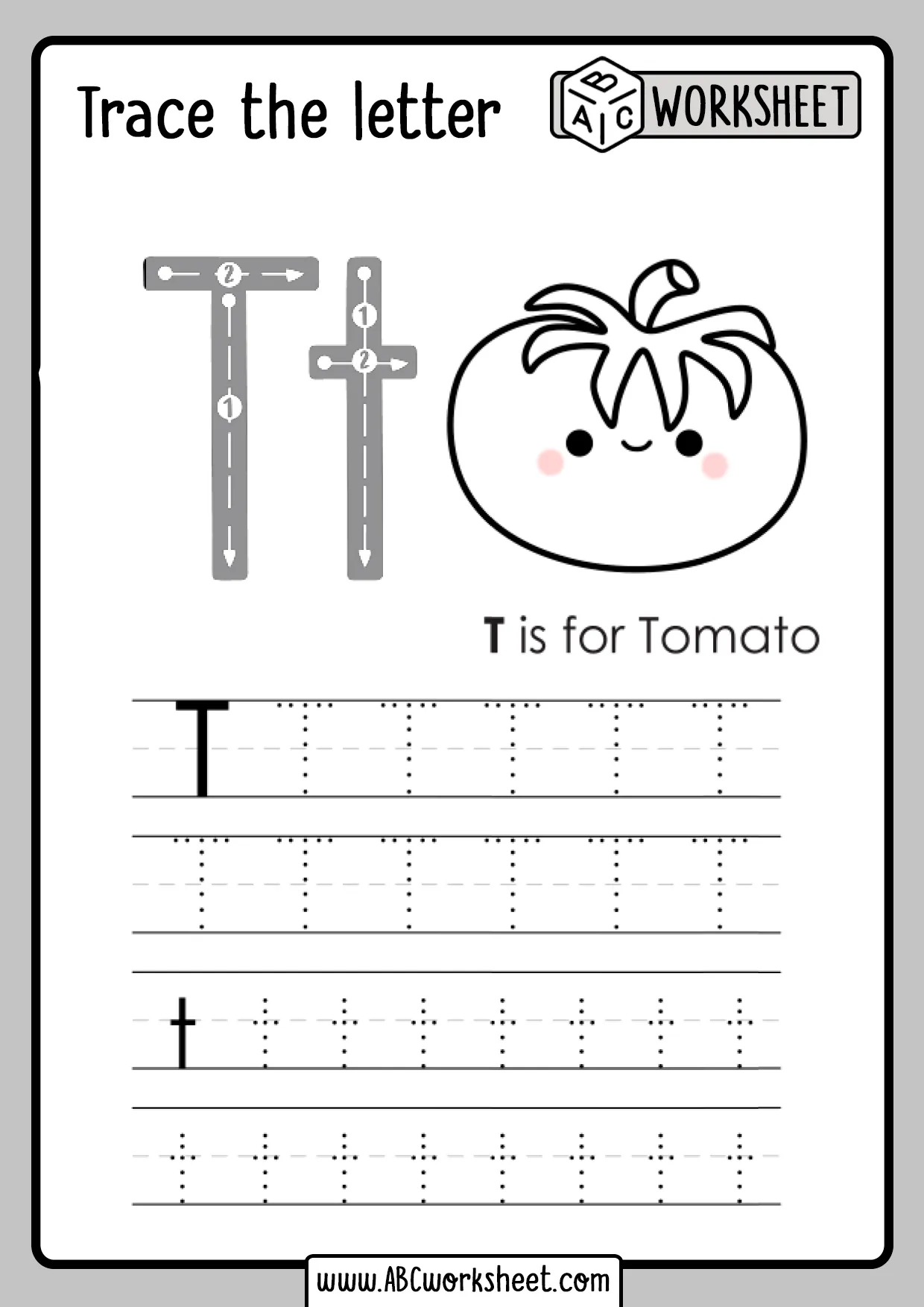 Practice Tracing the Letter T worksheet for young learners Worksheet for tracing the letter T to enhance fine motor skills in Pre-K children
