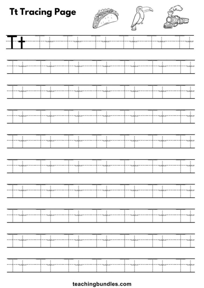 Writing worksheet for Pre-K Worksheet for tracing the letter T, designed for prekindergarten students to enhance their writing skills. Practice Tracing the Letter T worksheet for early learners.