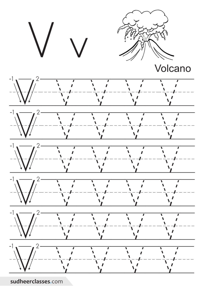 Practice Tracing the Letter V Worksheet Number 17 Prekindergarten worksheet with dashed lines and the letter V to help students practice handwriting and motor control