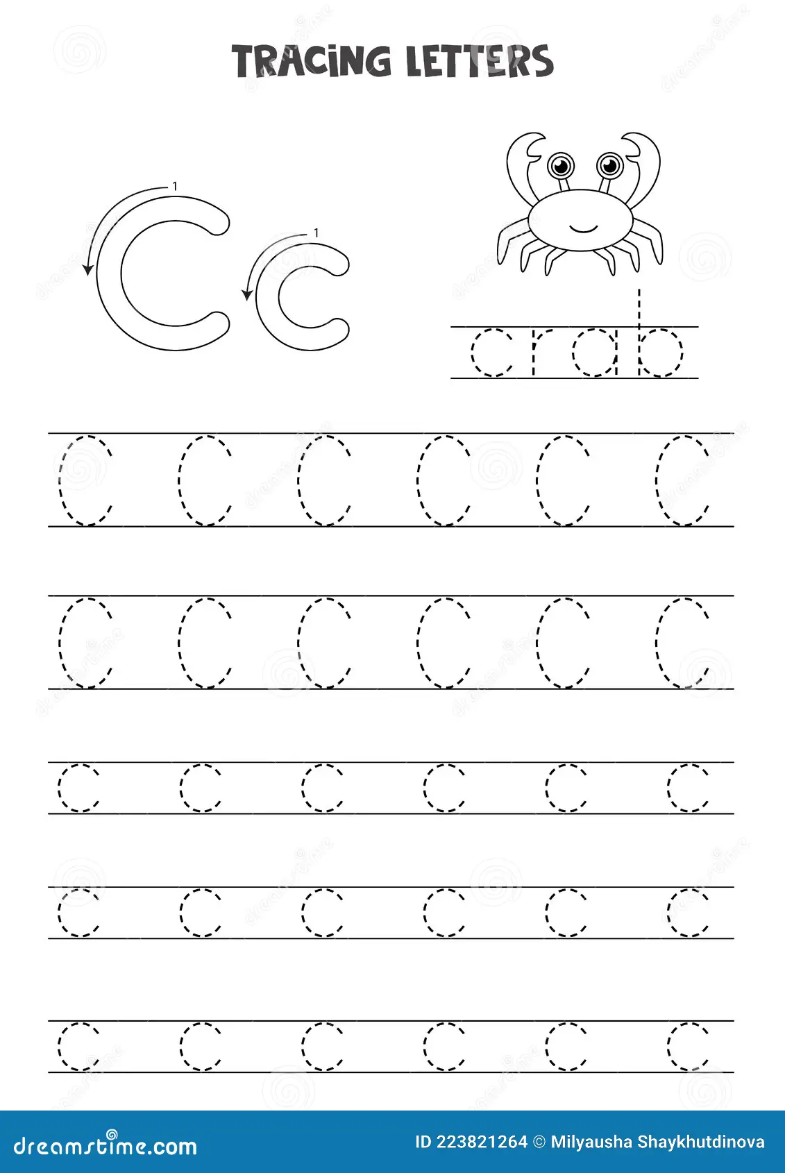 Pre-K student worksheet for practicing handwriting by tracing the letter C and fine motor lines