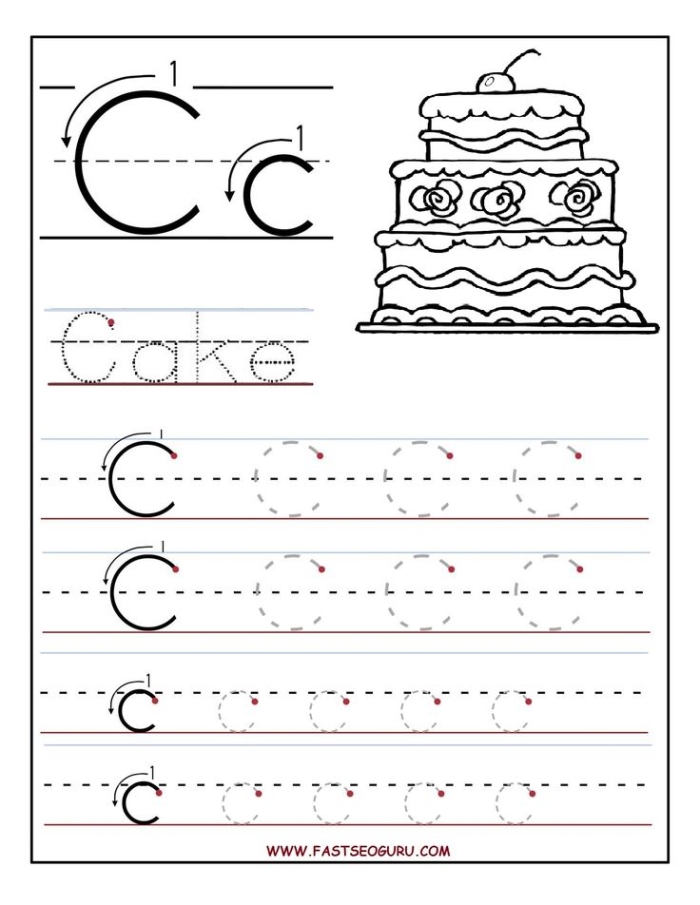 Pre-K worksheet showing dotted guide lines and the letter C for handwriting practice