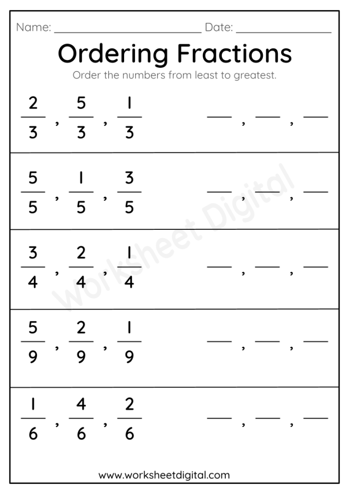 Practicing Fractions Largest to Smallest Math Worksheet for Grade 4 Image 19 Fourth grade students comparing and ordering fractions with different denominators from largest to smallest on a practice worksheet