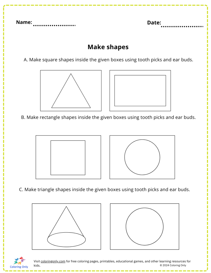 Assessment activity titled "Shape It Up! Worksheet" for addition skills Worksheet for identifying and drawing 2D shapes for Pre-K students