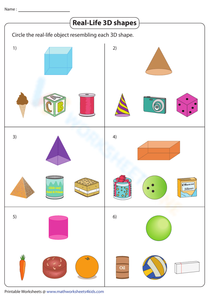 Pre-K worksheet helping children identify sphere cube cone and cylinder 3D shapes