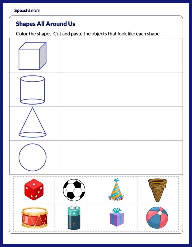 Pre-K worksheet helping children learn about 3D shapes like spheres and cubes