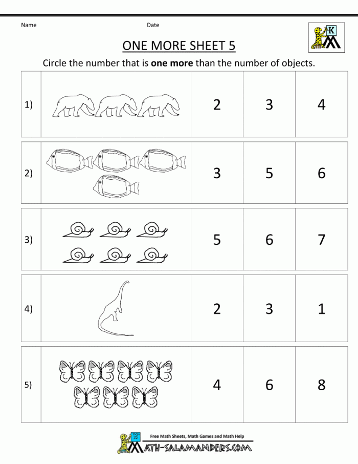 Kindergarten Addition Practice: Matching Numbers and Adding One More Activity 14 Colorful worksheet showing number matching exercises where preschool students add one more to given numbers with visual counting aids