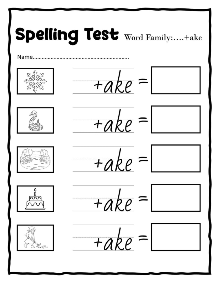 Worksheet featuring the "-ake" word family for tracing and word search activities