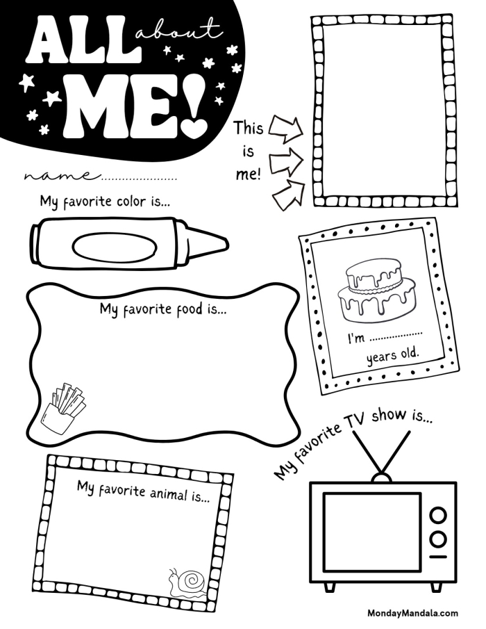 Pre-K students completing an All About Me writing worksheet with colorful graphics and handwriting practice activities A colorful All About Me Report worksheet with fill-in-the-blank lines where pre-K students can write about themselves