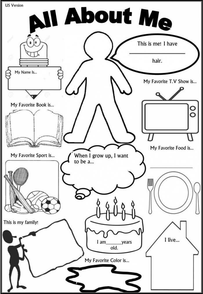 All About Me Report Worksheet Number 17 Pre-K student filling out a colorful All About Me Report writing worksheet