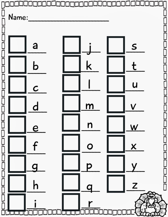 Worksheet for finding lowercase letter a with an alligator theme for Pre-K learners