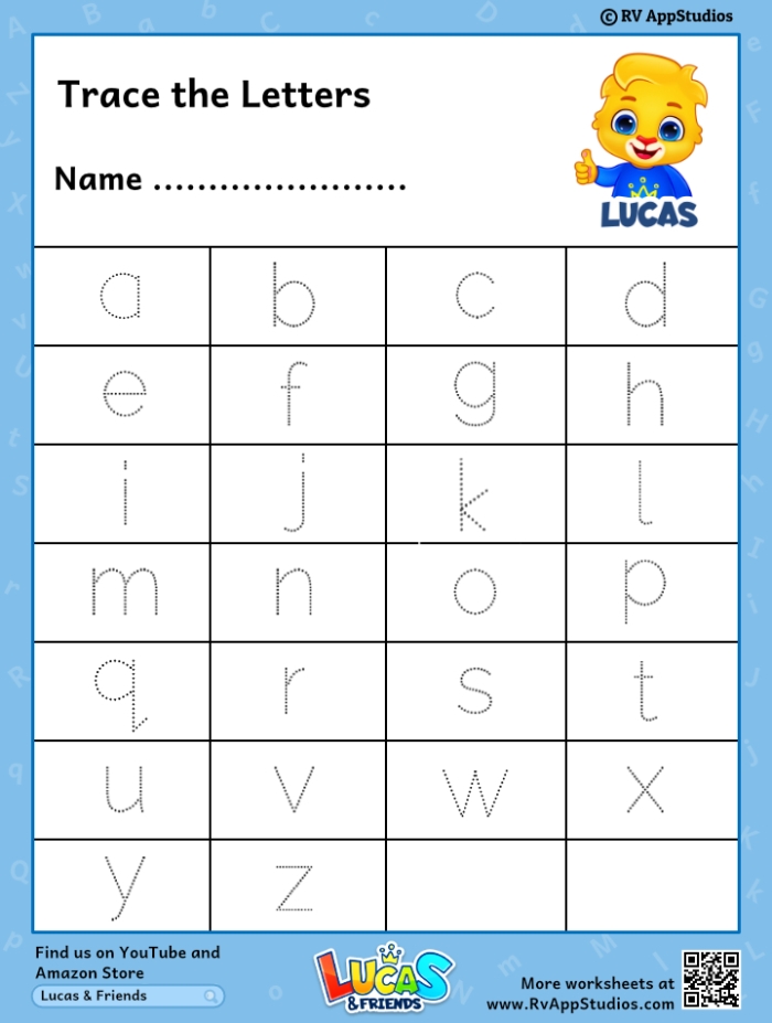 Children tracing lowercase letters A to Z on an alphabet blocks worksheet