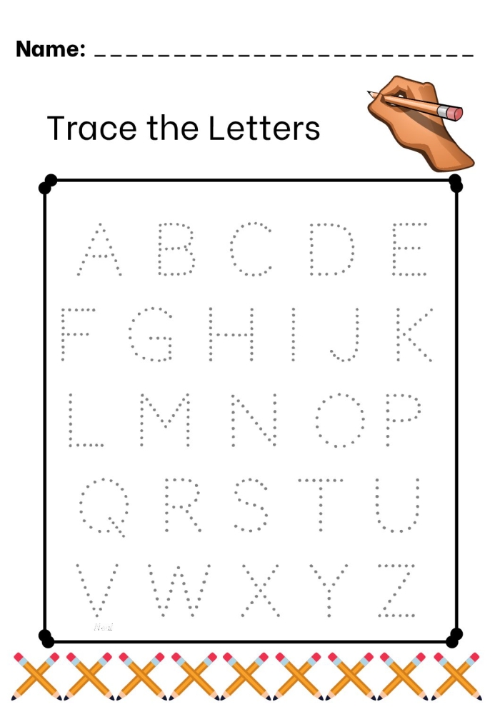 Pre-K student tracing lowercase letters A through Z on a colorful alphabet blocks worksheet