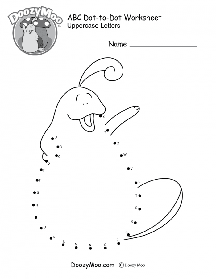 Engaging connect the dots activity to enhance Pre-K students' letter recognition ABC connect the dots worksheet featuring a dinosaur for alphabet practice