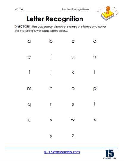 Letter Recognition worksheet for matching uppercase and lowercase letters in a fun quiz. Pre-K alphabet review activity image number 20.