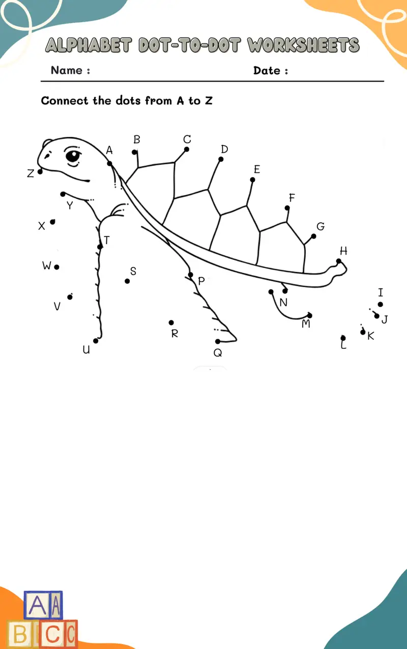 Connect-the-dots worksheet featuring a dinosaur and the lowercase alphabet for preschoolers