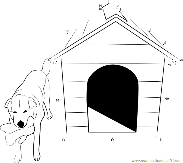 Fun doghouse dot-to-dot activity to help kids learn the alphabet and enhance their coloring skills Alphabet Dot-to-Dot worksheet featuring a dog inside a colorful doghouse for Pre-K learners