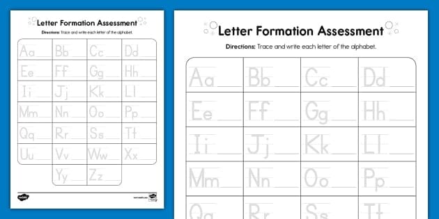 Pre-K letter formation assessment worksheet for tracing the alphabet