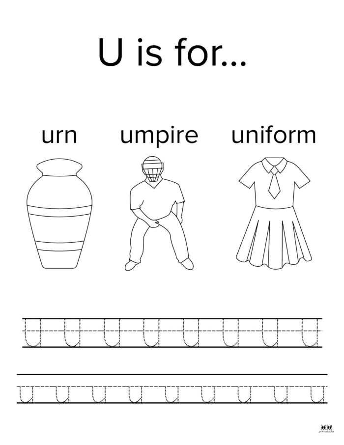 Grammar and Mechanics worksheet for Pre-K Colorful U Is For... worksheet designed for preschoolers to learn the letter U sounds. Engaging pre-K activity featuring fun illustrations for alphabet practice.