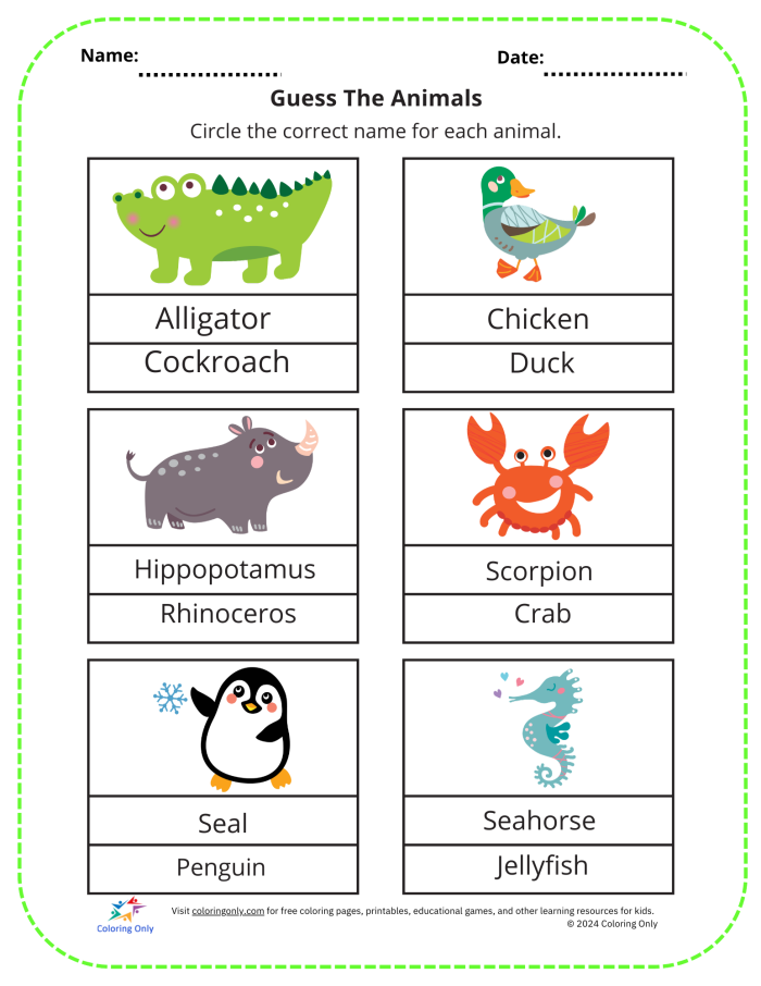 Animal Guess worksheet for Pre-K students focusing on the sight word "am" with a fun guessing game