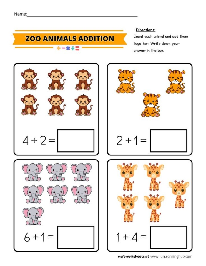 Pre-K math worksheet featuring cute zebra and tiger illustrations for counting and addition practice 13