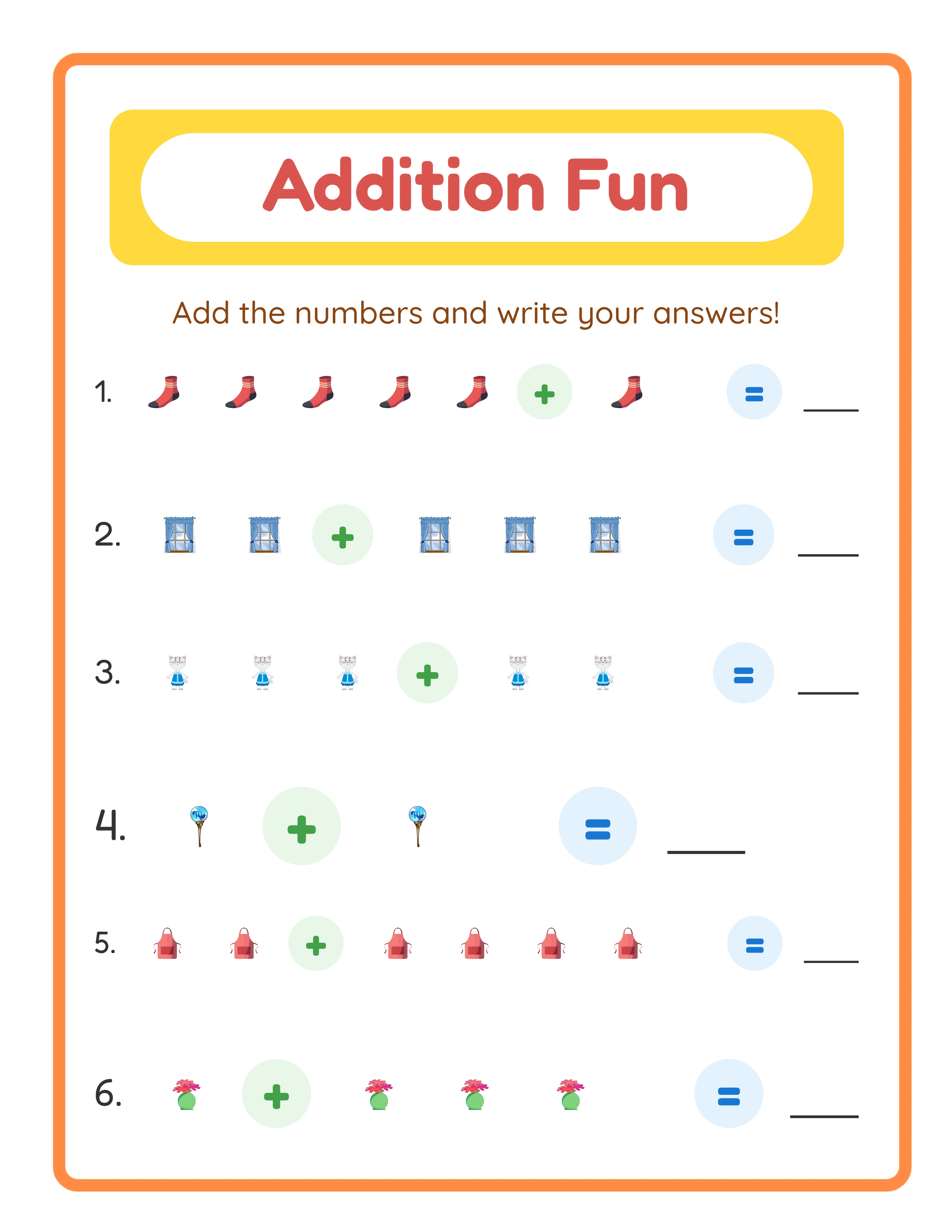 Colorful animal drawings for addition practice in a Pre-K worksheet