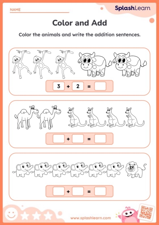 Cute animal illustrations for addition practice featuring zebras and tigers